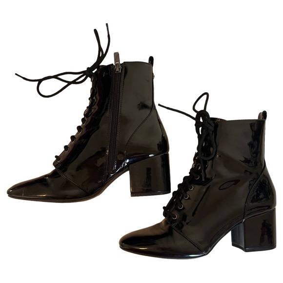 ANNE KLEIN • Women’s Shiny Black Leather Lace Up Booties Boots Shoes - Picture 5 of 11